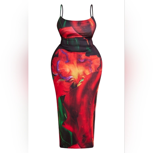 NWOT/ Prettylittlething Plus Multi Printed Cowl Neck Midi Dress - Picture 1 of 5